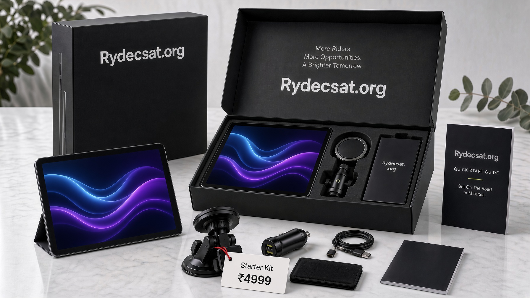 Slate 01 starter kit — tablet, mount, car charger, cable and quick start guide in the box