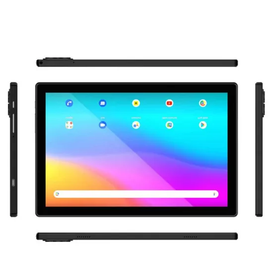 Slate 01 Android tablet — front, side and edge views with the home screen on